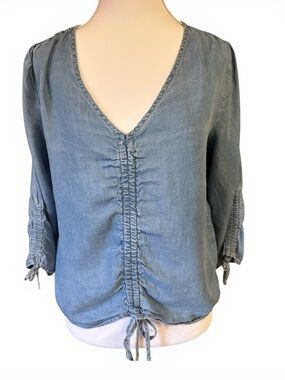 Blue Rain Washed Blue V-Neck Drawstring Women's Top Ruched Peasant Boho Size S